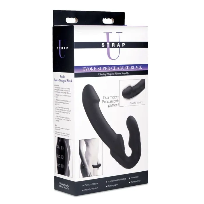 Evoke Rechargeable Vibrating Silicone Strapless Strap on Black XR Brands Strap U Female Sex Toys
